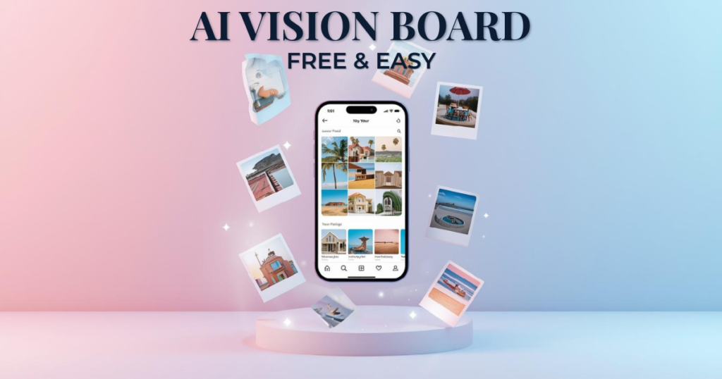 Smartphone displaying a digital 2026 dream board surrounded by floating travel and lifestyle photos, created with a vision board ai generator free tool.