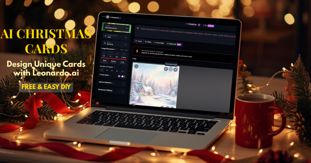 Laptop on a festive desk displaying the Leonardo.ai interface with a watercolor winter scene, showing how to design Christmas cards with Leonardo.ai for free.