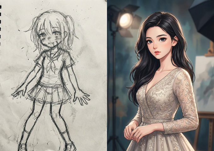 A before-and-after comparison demonstrating the impact of textual inversion embeddings. The left image shows a low-quality anime sketch with errors, while the right image is cleaned instantly using the EasyNegative embedding in the negative prompt.