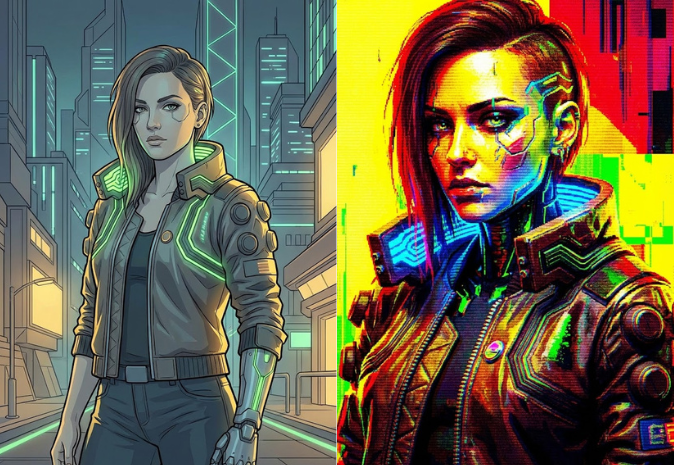 A side-by-side comparison showing the effect of negative prompt weights. The left image is a clean cyberpunk portrait with normal weighting, while the right image is distorted and 'fried' due to excessive weighting syntax like (word:2.5).