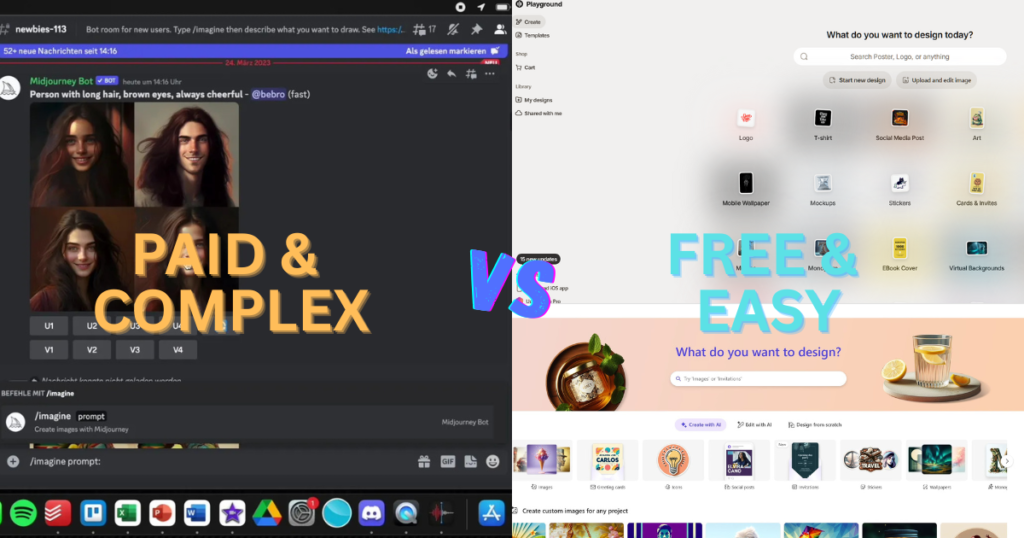 Split-screen comparison showing the complex paid Midjourney Discord interface versus easy-to-use free Midjourney alternatives, highlighting the best free AI art generators