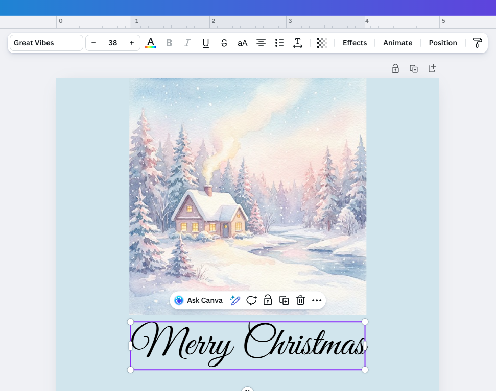 Editing interface in Canva showing how to add typography to design Christmas cards with Leonardo.ai.