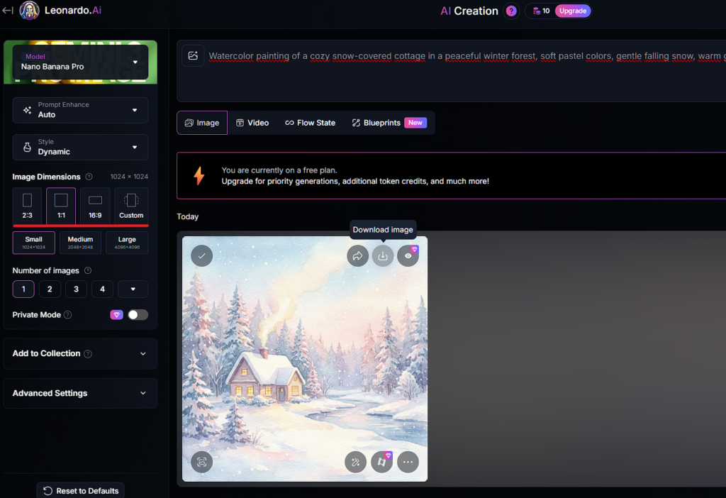 Choosing the image dimensions before image generation. Downloading the final aesthetic Christmas card design from Leonardo.ai.