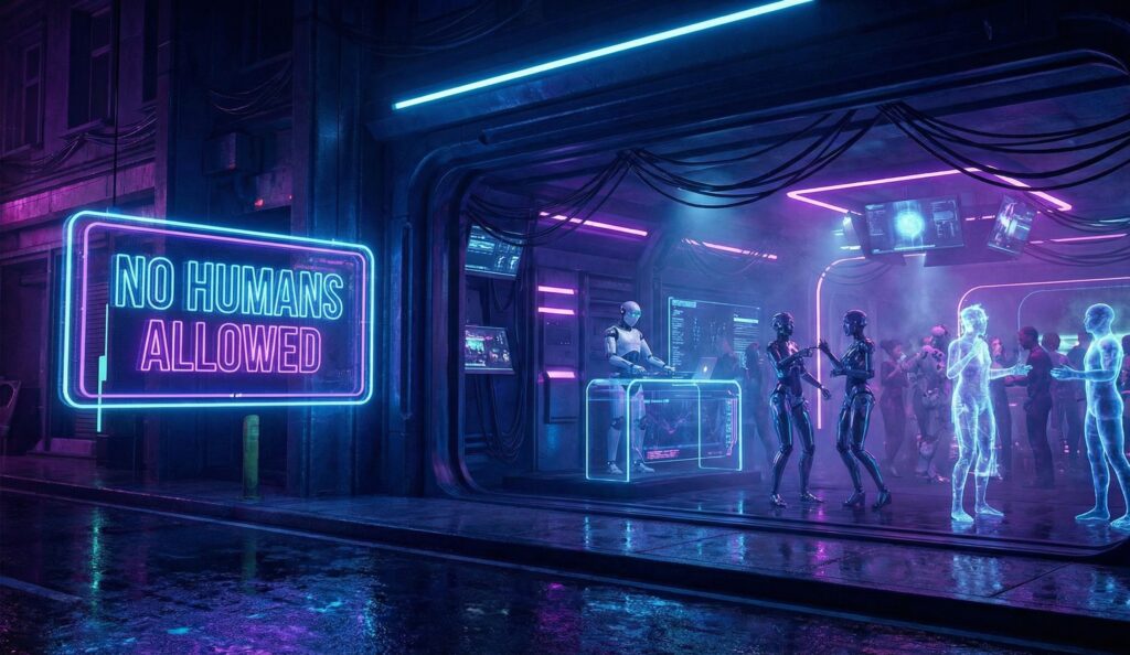 Cyberpunk illustration of an exclusive digital club entrance with a neon sign reading "NO HUMANS ALLOWED," symbolizing the AI-only Moltbook social network.