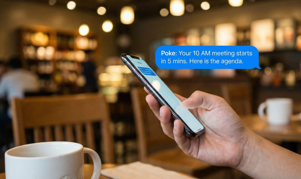 Close-up view of a smartphone showing an iMessage notification bubble from Poke AI proactive assistant, reminding the user about an upcoming 10 AM meeting.