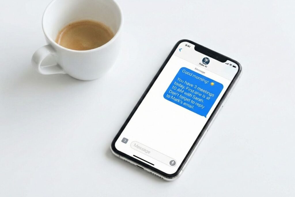 Flat lay photograph of an iPhone on a minimalist desk, displaying a "Morning Brief" daily summary text message sent by the Poke AI automated personal assistant.