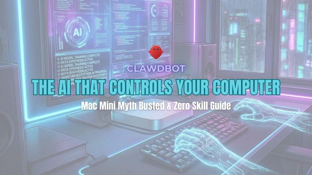 Futuristic illustration of Clawdbot AI agent controlling a Mac Mini with digital ghost hands, demonstrating autonomous desktop automation.
