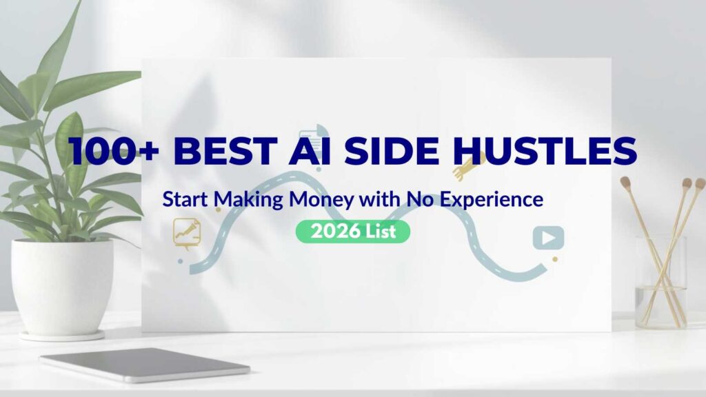 Minimalist cover image for the guide '100+ Best AI Side Hustles'. Features a clean workspace aesthetic representing zero-skill ways to make money with AI tools like Gamma and Midjourney in 2026.