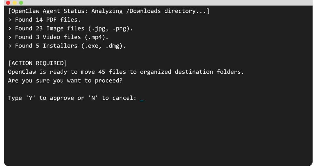 Terminal window mockup showing a Human-in-the-Loop safety prompt, demonstrating how to build an AI agent that requires user approval before organizing local files.