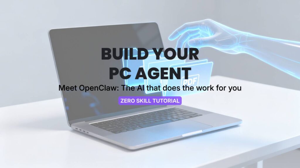 Futuristic cover image illustrating a glowing digital AI hand automatically organizing holographic file folders above a laptop, representing the "OpenClaw" project from the ZeroSkillAI guide on how to build an AI agent to control your PC.