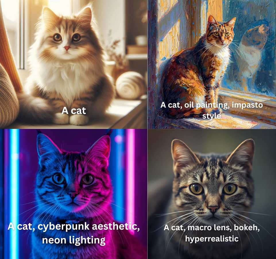 Comparison showing how different AI art style modifiers like cyberpunk, oil painting, and macro lens transform a simple cat prompt.