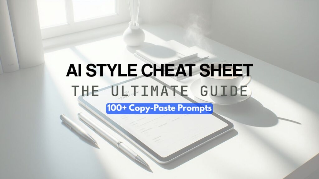 Minimalist workspace with a tablet displaying the AI Art Style Cheat Sheet guide. Overlay text reads "100+ Copy-Paste Prompts" for Midjourney and Stable Diffusion style modifiers.