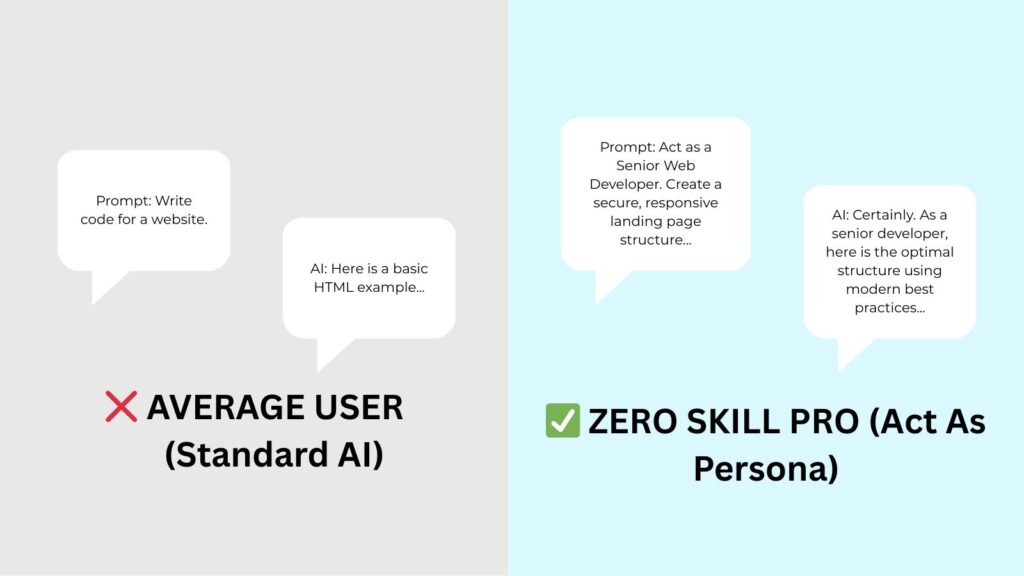 Infographic comparing standard ChatGPT output versus expert output using an "Act As" system prompt. Shows how persona prompts lead to higher quality, detailed AI responses.