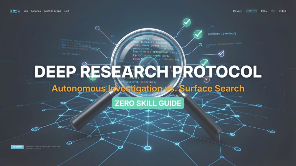 2026 Deep Research AI Protocol banner showing a digital magnifying glass scanning autonomous data nodes on a futuristic interface.