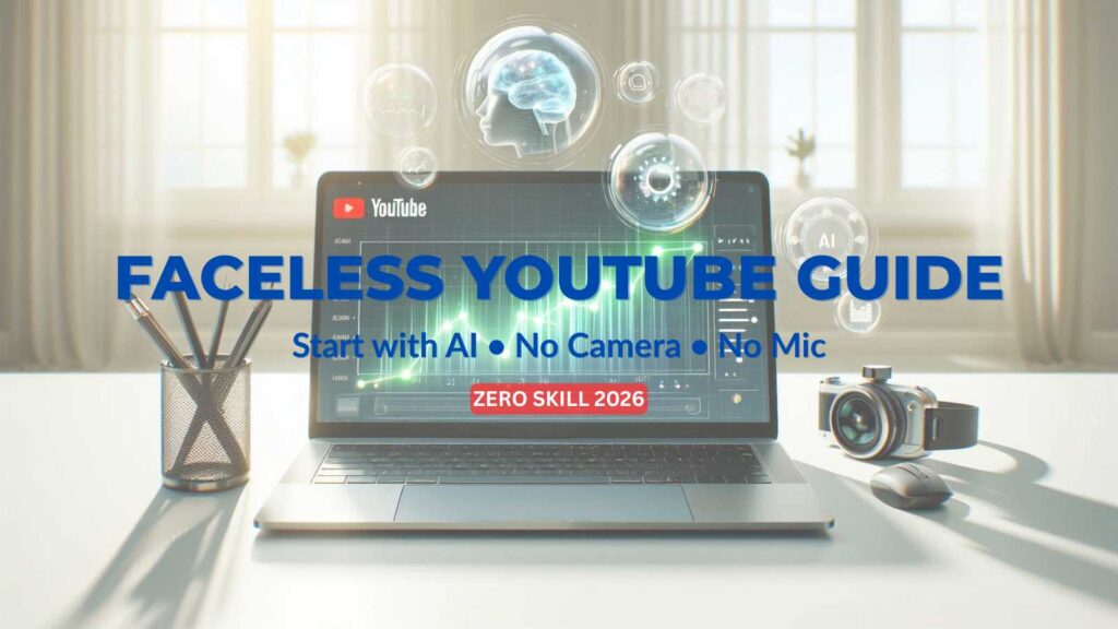 Minimalist workspace showing a laptop with viral YouTube analytics, representing AI-powered Faceless YouTube Channel automation using tools like InVideo and ElevenLabs.