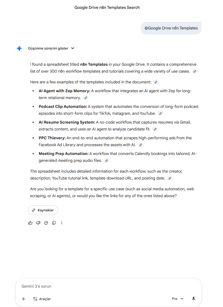 Screenshot showing how to use Gemini with Google Drive integration to search and analyze personal documents and PDFs.
