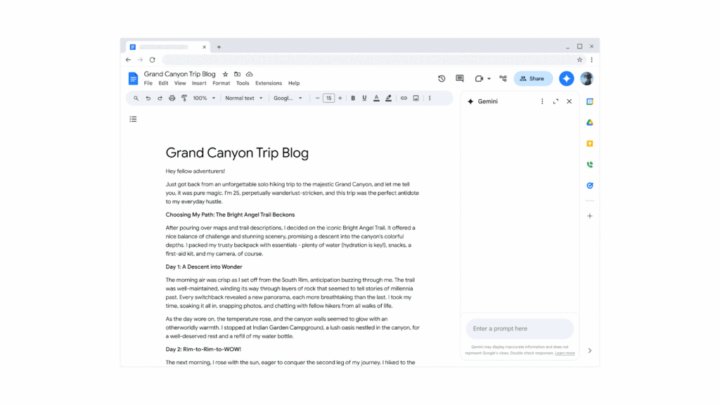 Animated GIF demonstrating how to use Gemini in Google Docs to rewrite, refine, and improve existing text instantly.