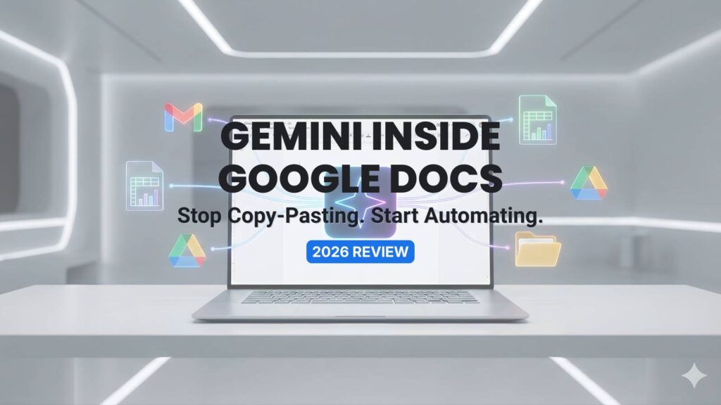 Google Gemini AI review cover image showing Gemini integrated into Google Docs and Drive, automating student workflows.