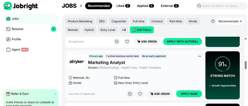 Screenshot of Jobright AI dashboard showing a 91% Match Score for a job listing, filtering opportunities by relevance.