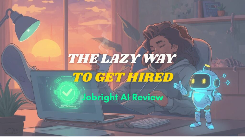 Lo-fi illustration of a relaxed person with feet on the desk drinking coffee, watching Jobright AI automate job applications on a glowing laptop screen.