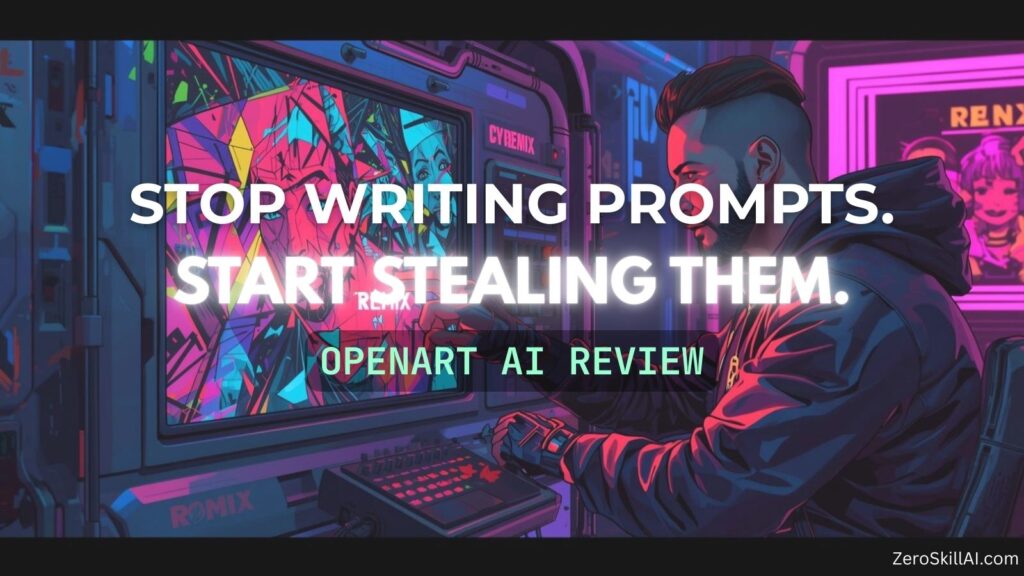 Illustration of a digital artist using the remix feature on OpenArt AI to generate masterpieces instantly without writing complex prompts.