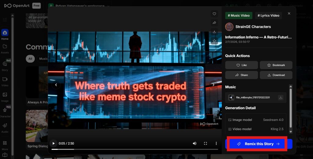 Screenshot of OpenArt AI interface highlighting the Remix button that allows users to copy and edit existing AI art prompts.