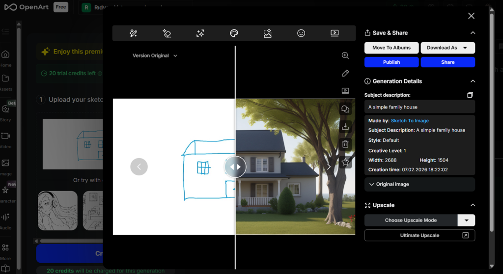 Comparison showing a simple sketch transformed into a high-quality digital painting using OpenArt AI's Sketch-to-Image feature.