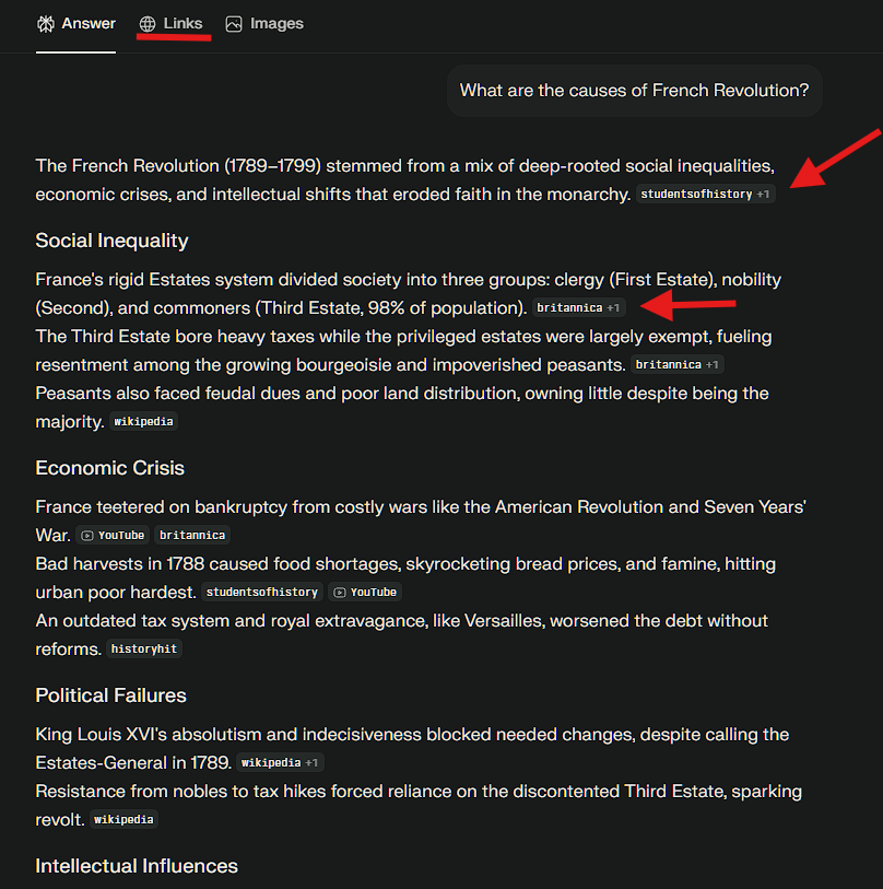 Screenshot of Perplexity AI search result showing accurate academic citations and numbered footnotes used for student homework research.