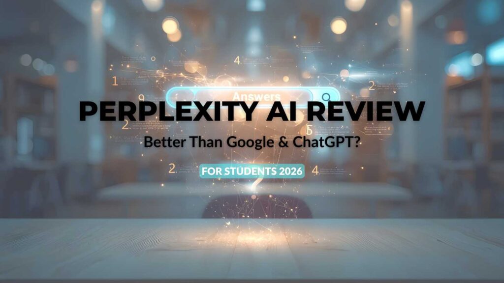Perplexity AI review cover image showing a futuristic research interface with citations, representing the best AI tool for students and homework.