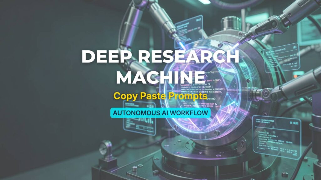A cinematic wide-angle banner showing a futuristic research engine being fine-tuned by robotic arms, with glowing cascading AI research agent prompts visible in the translucent core.