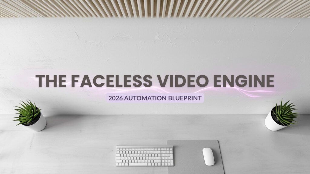 Minimalist creator workspace banner illustrating a faceless YouTube AI automation process. The bright, modern desk setup features a clean central space for text overlay, a white mechanical keyboard, succulents, a sleek microphone, and a glowing purple blueprint line. Designed for 'The Faceless Video Engine' and '2026 Automation Blueprint' concepts.