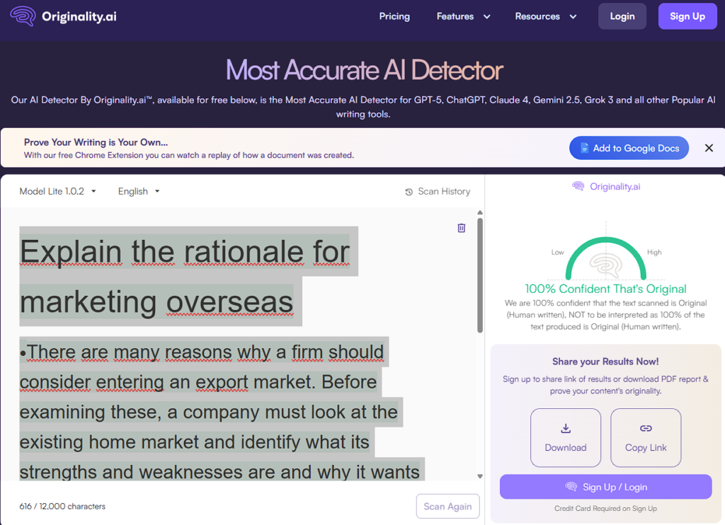A dashboard screenshot of Originality.ai plagiarism checker displaying a 100% original score, ensuring safe content humanization and AI detection bypass.