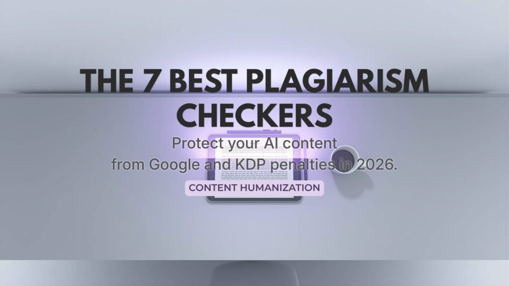 A bright minimalist creator workspace showing a document being scanned, representing the ultimate plagiarism checker tools for AI content creators.
