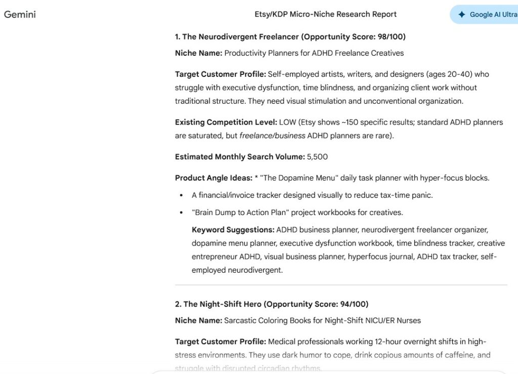 Gemini interface displaying micro-niche research results for an automated Etsy store setup, highlighting profitable product angles and SEO keywords.