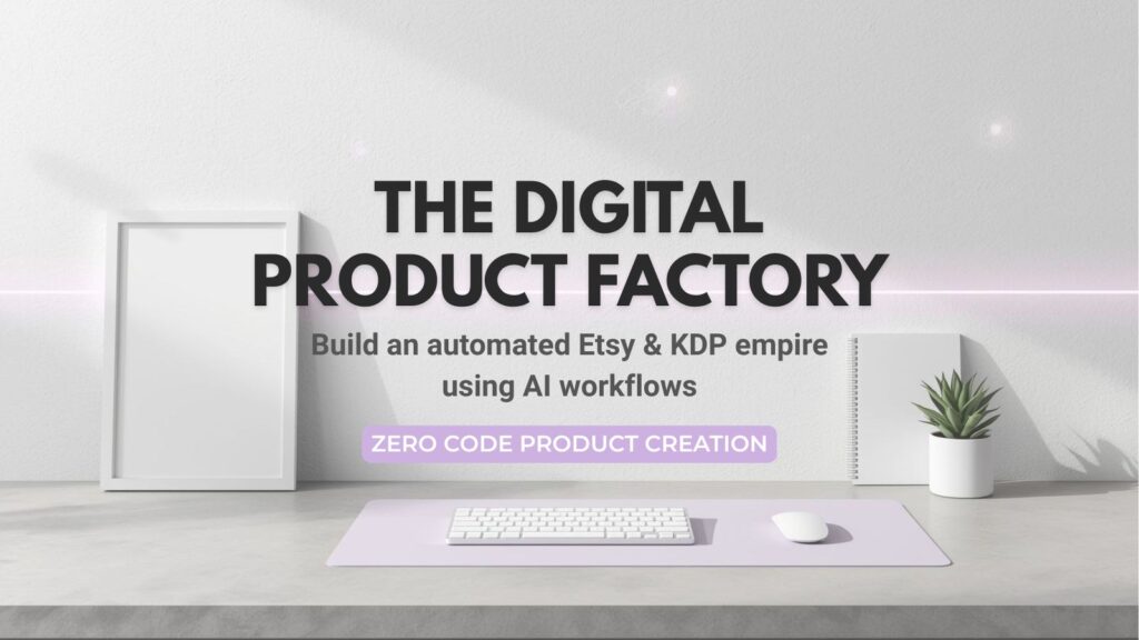 A bright, minimalist creator workspace banner featuring a blank poster mockup, planner, and white keyboard on a light desk. The central text reads 'The Digital Product Factory: Zero Code Product Creation', illustrating profitable AI digital product workflows for an automated Etsy store setup.