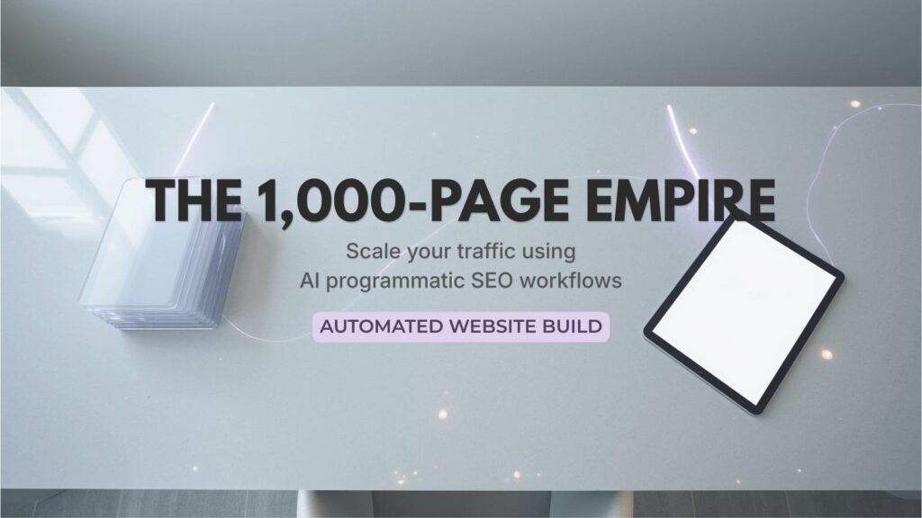 A bright minimalist workspace showing data cards connecting to a tablet, illustrating AI programmatic SEO workflows for an automated website build.