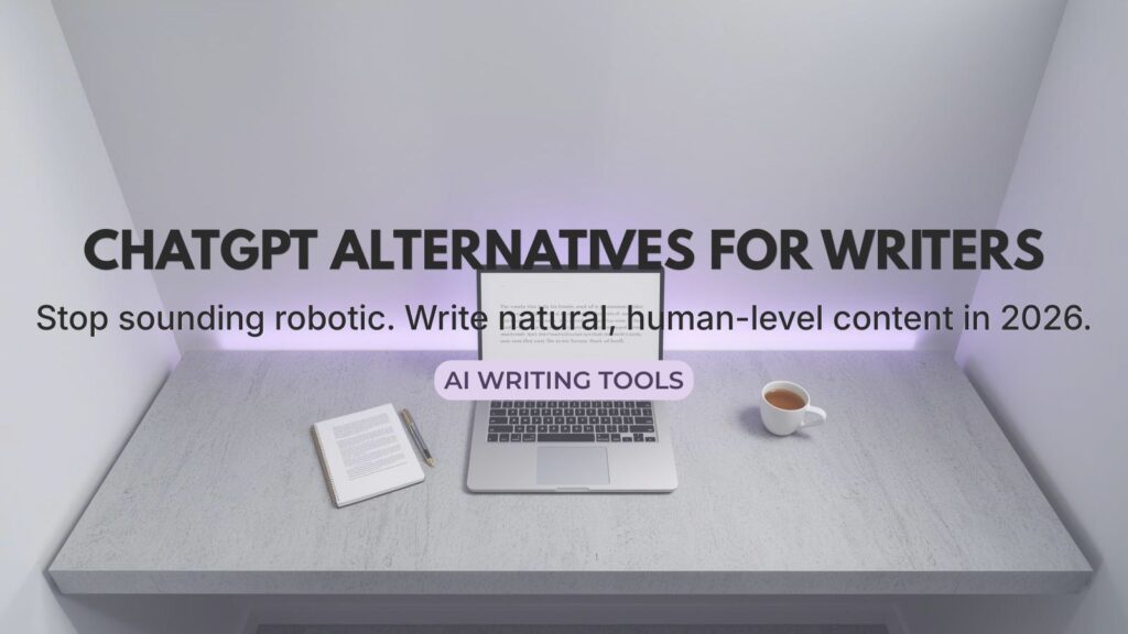 A minimalist writer's workspace showing a laptop, representing the best ChatGPT alternatives for writers to create human-like long-form content.