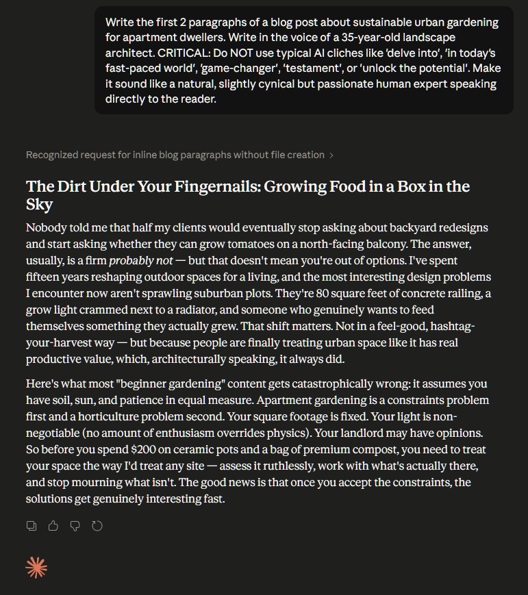 Screenshot of the Claude 4.5 Sonnet interface generating natural long-form content, proving it is one of the best ChatGPT alternatives for writers.