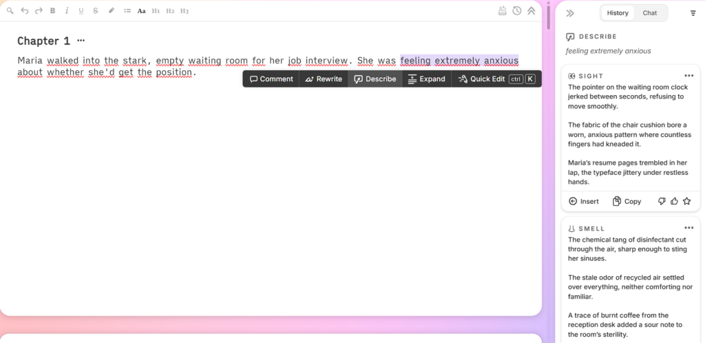 Sudowrite interface showing the Describe feature, highlighting how specialized AI writing tools use sensory details to bypass AI detection for fiction authors.