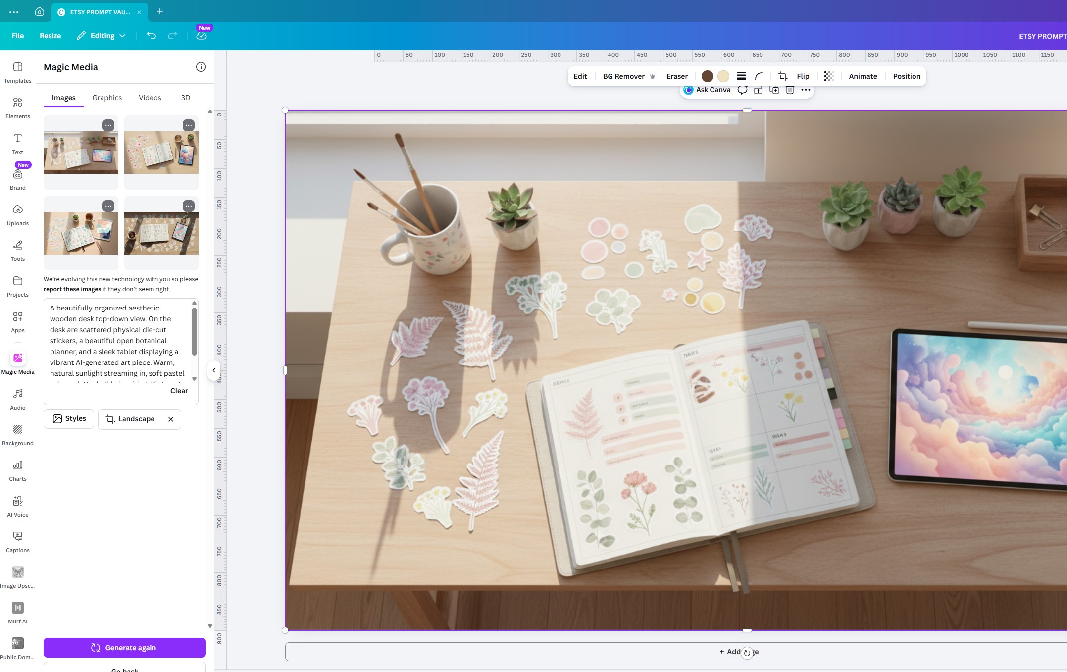 The Canva AI interface using Magic Media to instantly generate and design a high-quality, inspiring blog banner for the prompt vault article for Etsy digital products.