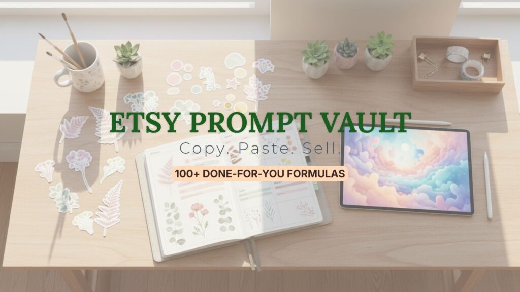 A photorealistic wide-angle photograph of an inspiring, aesthetic workspace for creating Etsy digital products, featuring a top-down view of a botanical planner, scattered die-cut stickers, a coffee cup, and an open tablet. The tablet's screen is simply lit with colors, acting as an extension of the ZeroSkillAI brand, without displaying any external software interface.