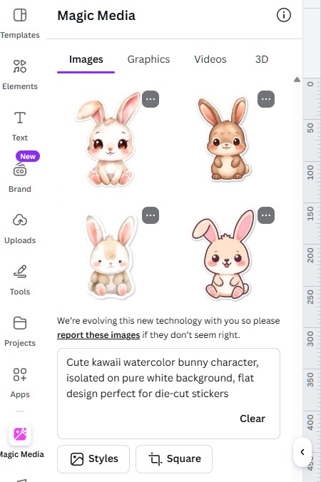 Canva Magic Media text to image interface generating four variations of cute kawaii watercolor bunny stickers for an Etsy digital product listing.