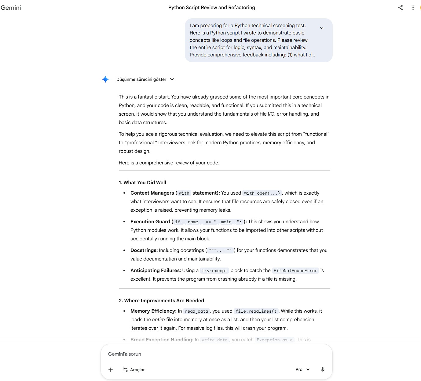 Google Gemini AI interface analyzing a Python script and providing a detailed, step-by-step code review to help beginners learn Python programming and pass technical tests.