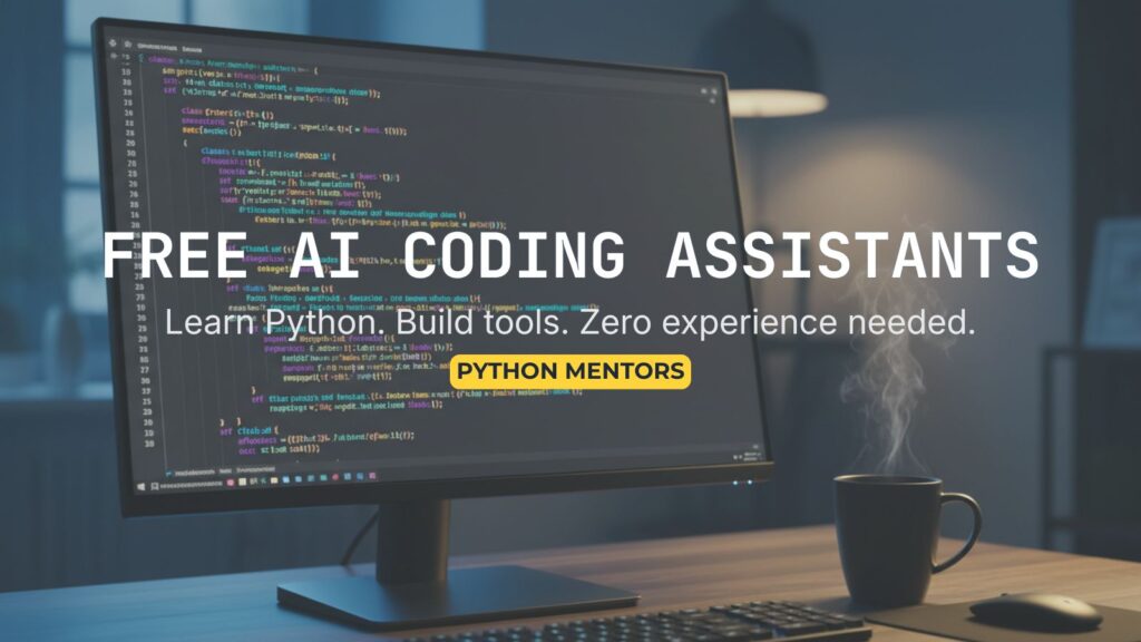 A sleek programmer workspace with a dark monitor displaying code syntax, representing the best free AI coding assistants to learn Python and build tools.