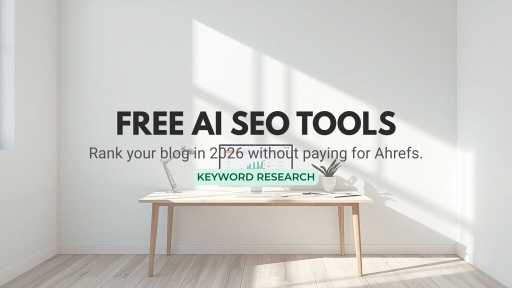 A bright minimalist workspace with a monitor showing ascending traffic analytics, representing the best free AI SEO tools to rank your blog and automate keyword research in 2026.