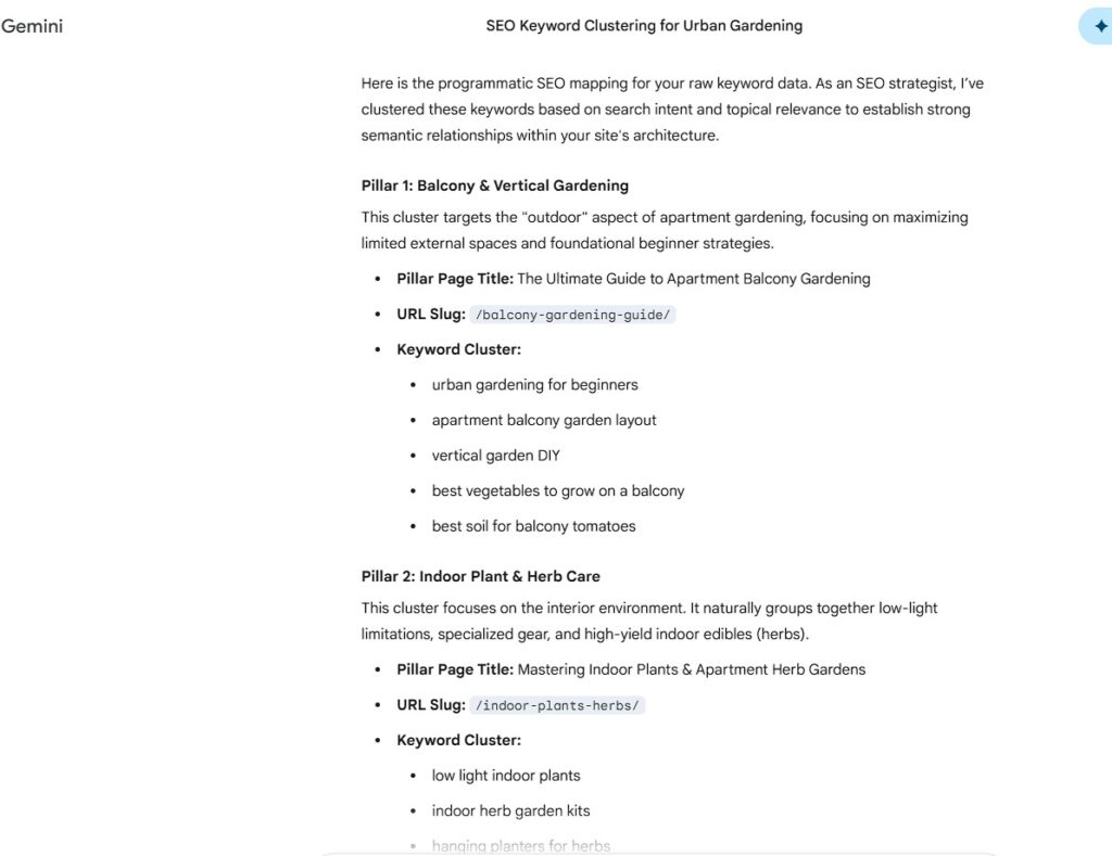 Google Gemini 3 Pro clustering a bulk keyword list into topical groups for a programmatic SEO strategy and content planning.