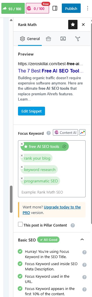 Rank Math Content AI scoring a WordPress blog post in real-time, helping writers rank your blog with recommendations & metrics.