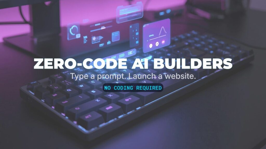 A futuristic dark workspace with holographic UI components hovering over a keyboard, representing the best free AI website builders to launch a website using prompt to code technology.