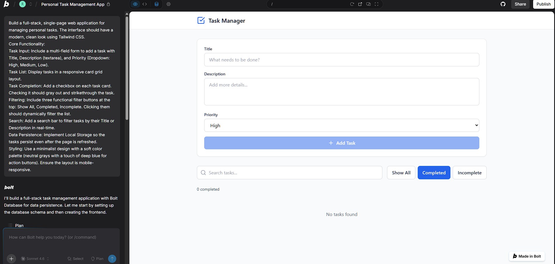 Bolt.new split-screen interface generating a functional React web app from a text prompt, proving the power of free AI website builders.