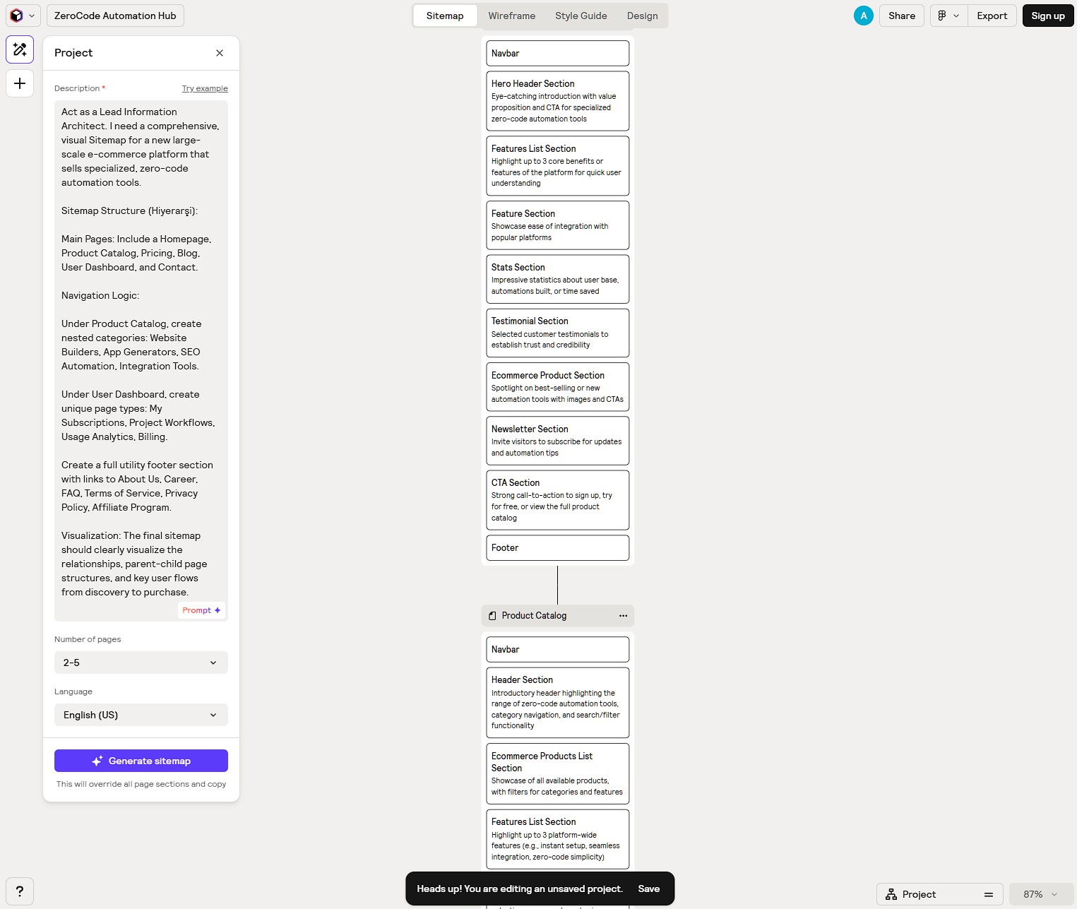 An AI-generated sitemap and wireframe structure in Relume AI, an essential planning step before you launch a website.
